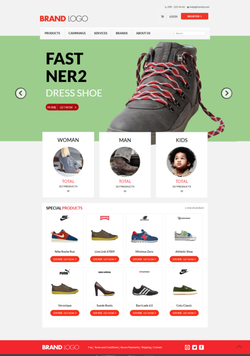 红色大气风格的鞋子销售商城网站模板下载